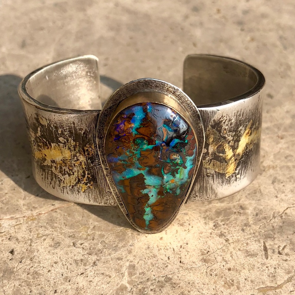 Sterling Silver, 14k gold, Boulder Opal Cuff